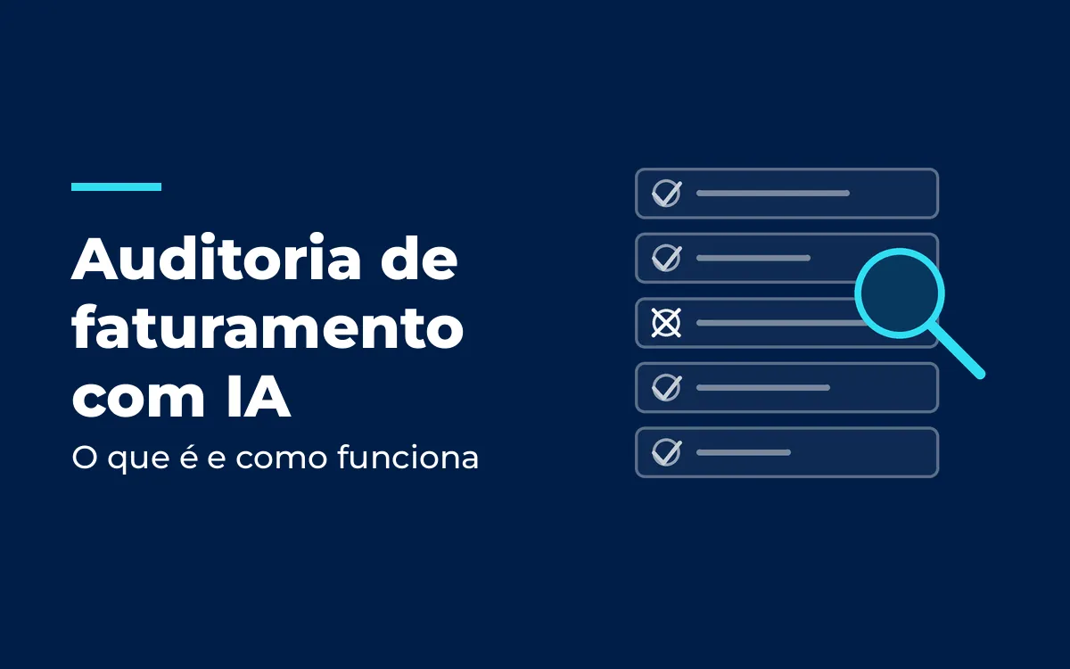 Lista de verificação com itens conferidos e uma lupa sobre um item em alerta, ilustrando a auditoria de faturamento com IA