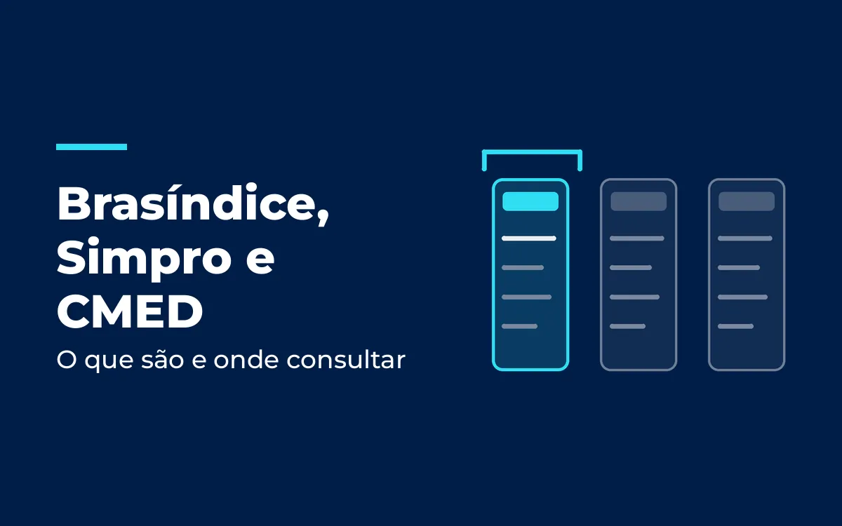 Três cartões em colunas, o primeiro destacado em ciano com um colchete acima, ilustrando as três referências de preço, CMED, Brasíndice e Simpro, sem valores