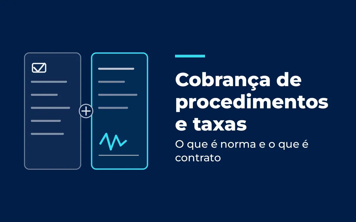 Duas folhas lado a lado, a da esquerda com uma caixa marcada e linhas de texto e a da direita com linhas e uma assinatura, ilustrando o que é norma e o que é contrato na cobrança de procedimentos e taxas