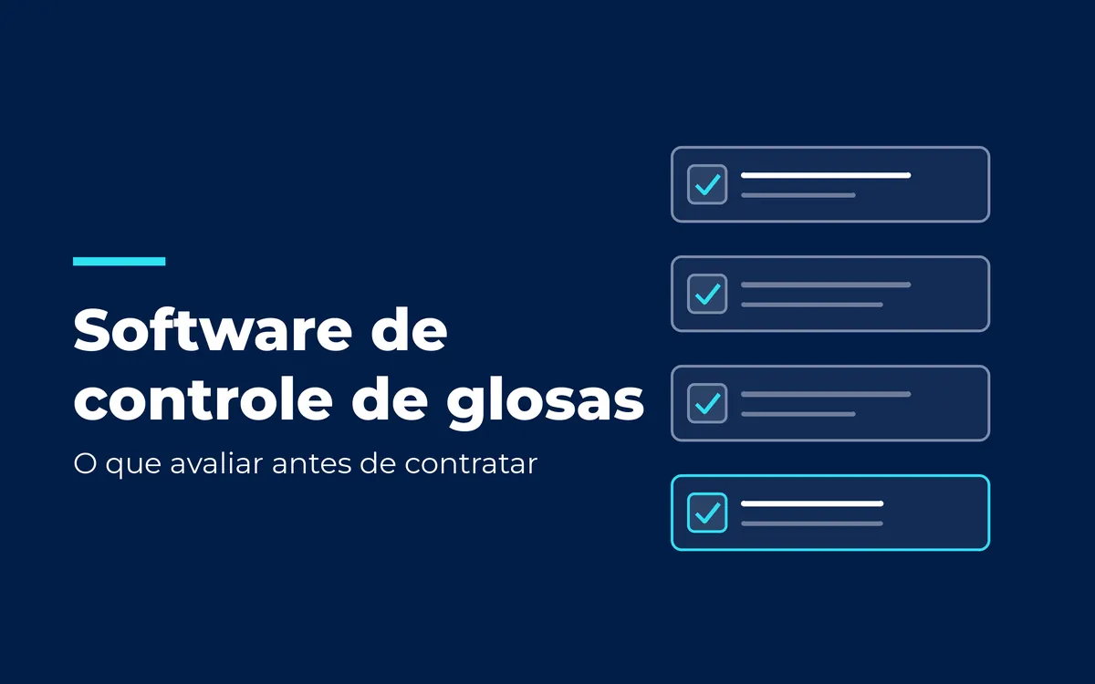 Quatro itens de uma lista de verificação, cada um com a caixa marcada, ilustrando os critérios para avaliar um software de controle de glosas